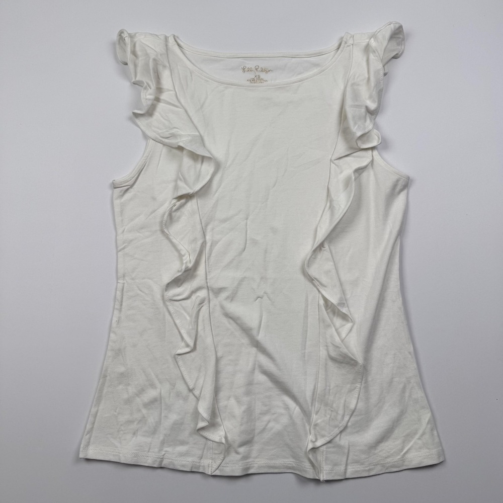 Lilly Pulitzer Shirt Womens XS White Ruffle Sleeveless Knit Stretch Top Casual